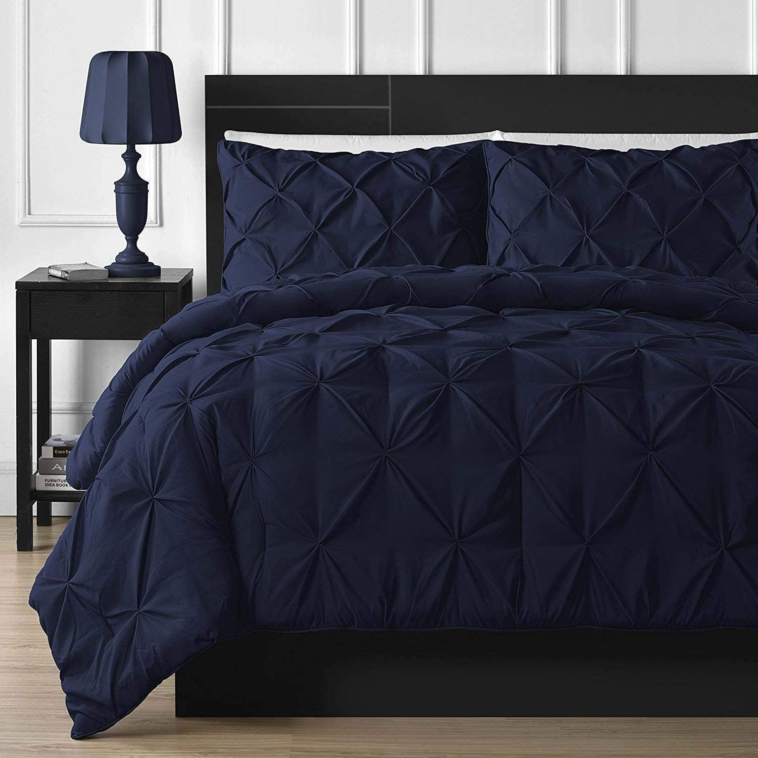 Luxuriate Hotel 1000-TC Hypoallergenic Ultra Soft 100% Egyptian Cotton 98x120' inch Over Size Super King Navy Blue Solid Pinch Plated Duvet Cover With Zipper Colser & 2pcs Pillow Case Set