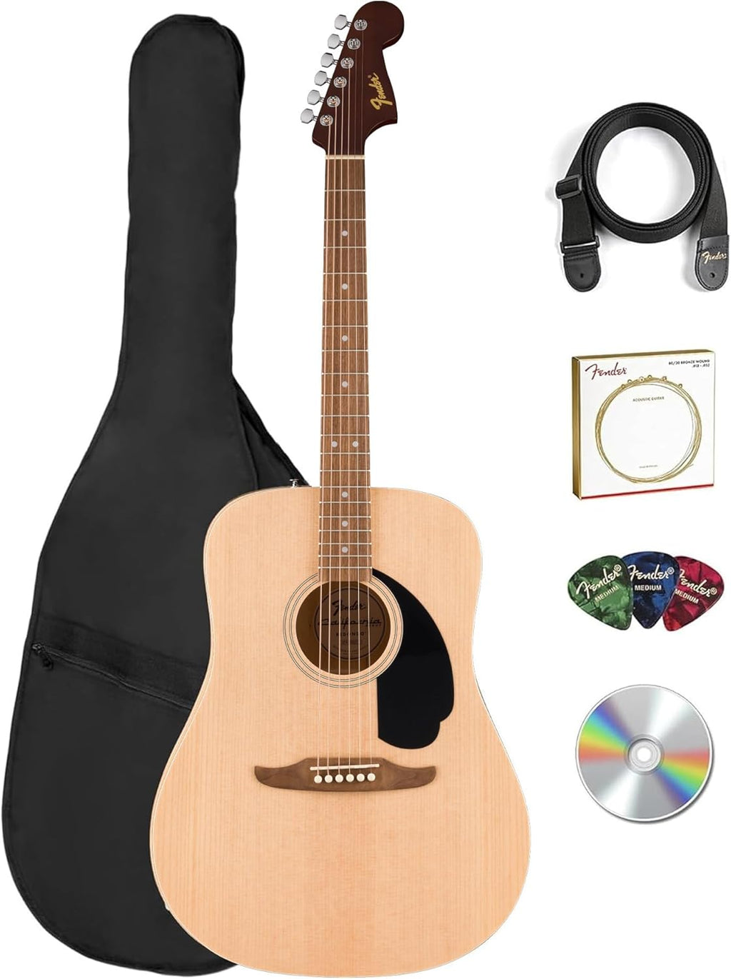 Fender Dreadnought Acoustic Guitar - Natural Bundle with Gig Bag, Strap, Strings, Picks, and Austin Bazaar Instructional Video