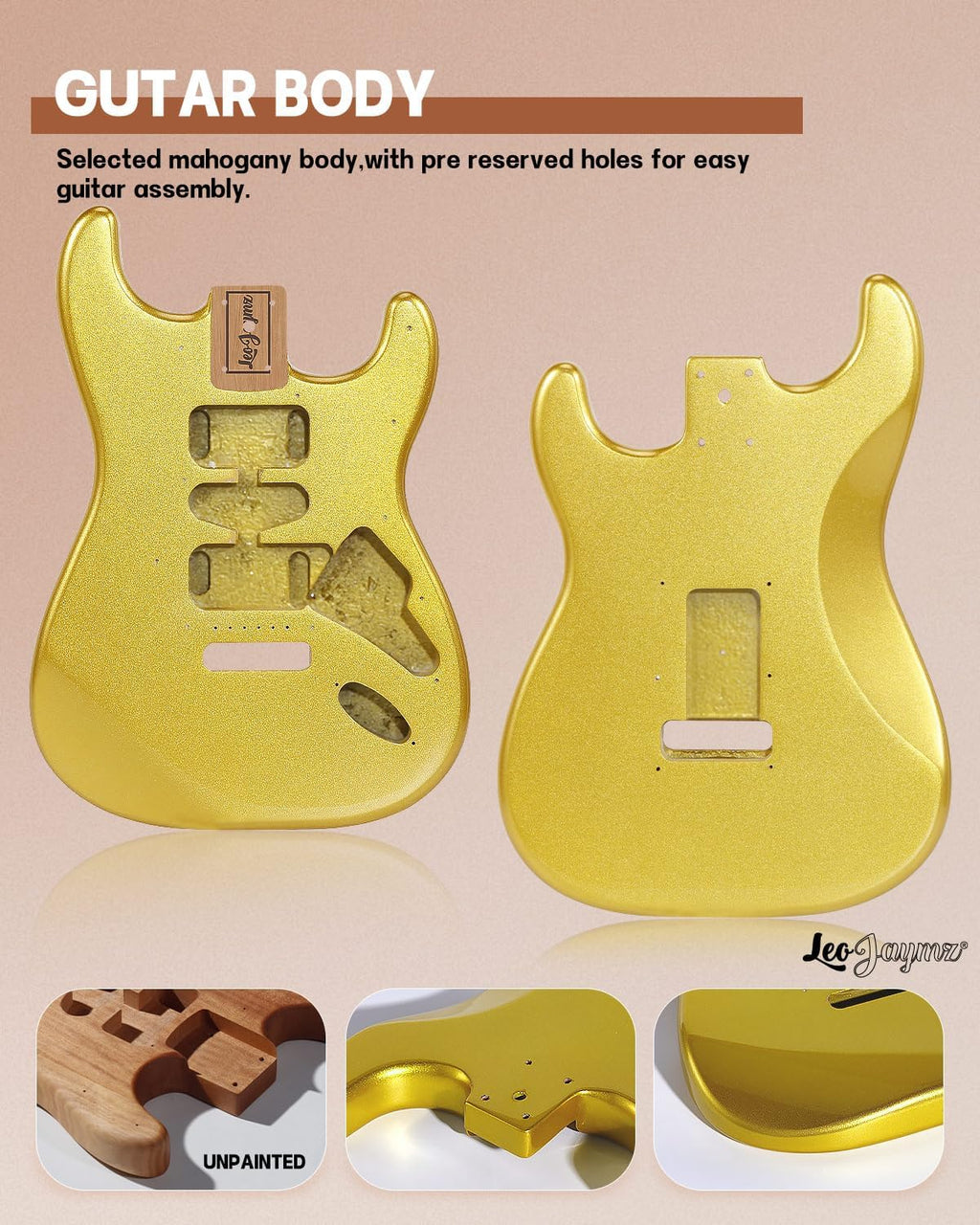 Leo Jaymz DIY ST Style Electric Guitar Kits,Spray-painted Mahogany Body,Laurel Wood Fingerboard and Maple Neck, including all Components (ST Gold)