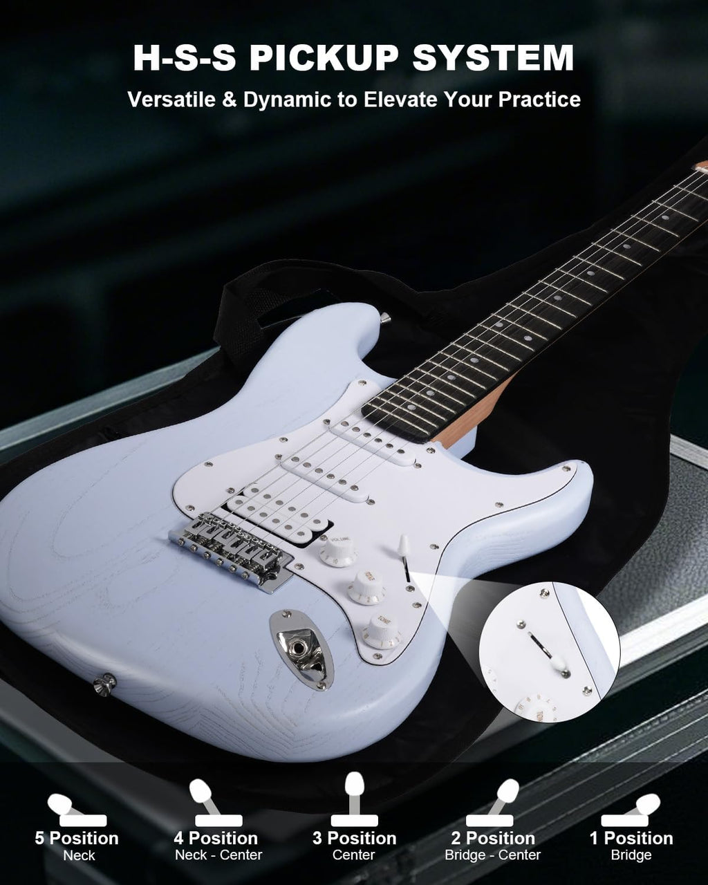 RVONE RST-150 39'Beginner Electric Guitar Kit with Amplifier, Classic HSS Pickup, Electric Guitar with Gig Bag, Capo, Strap, Extra Strings, Digital Tuner, 3 Picks, Cleaning Cloths (Light Blue)