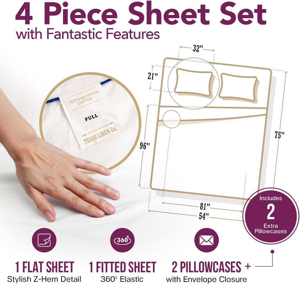 TEXAS LINEN CO. 100% Egyptian Cotton Bed Sheets Full Size - Luxury 1200 Series Star Sleepin' Collection Sheets Full Size Bed Set (4 PC, Navy Blue), 17' Deep Pocket, Cooling Sateen Hotel Bedding Set