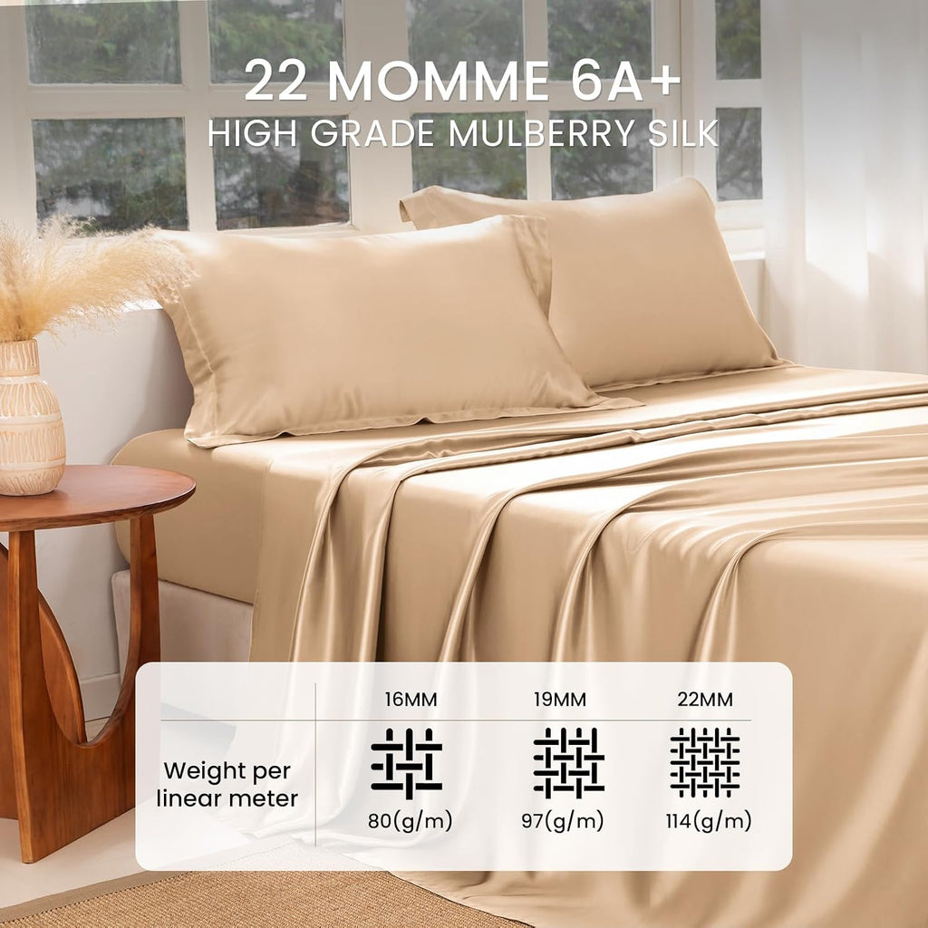 THXSILK Silk Sheet Set 4 Pcs, King Size Sheet Set, 22 Momme 7A+ Silk Sheets, Soft and Breathable Bed Sheets with 1 Flat Sheet, 1 Fitted Sheet, 2 Pillow Shams, Champagne