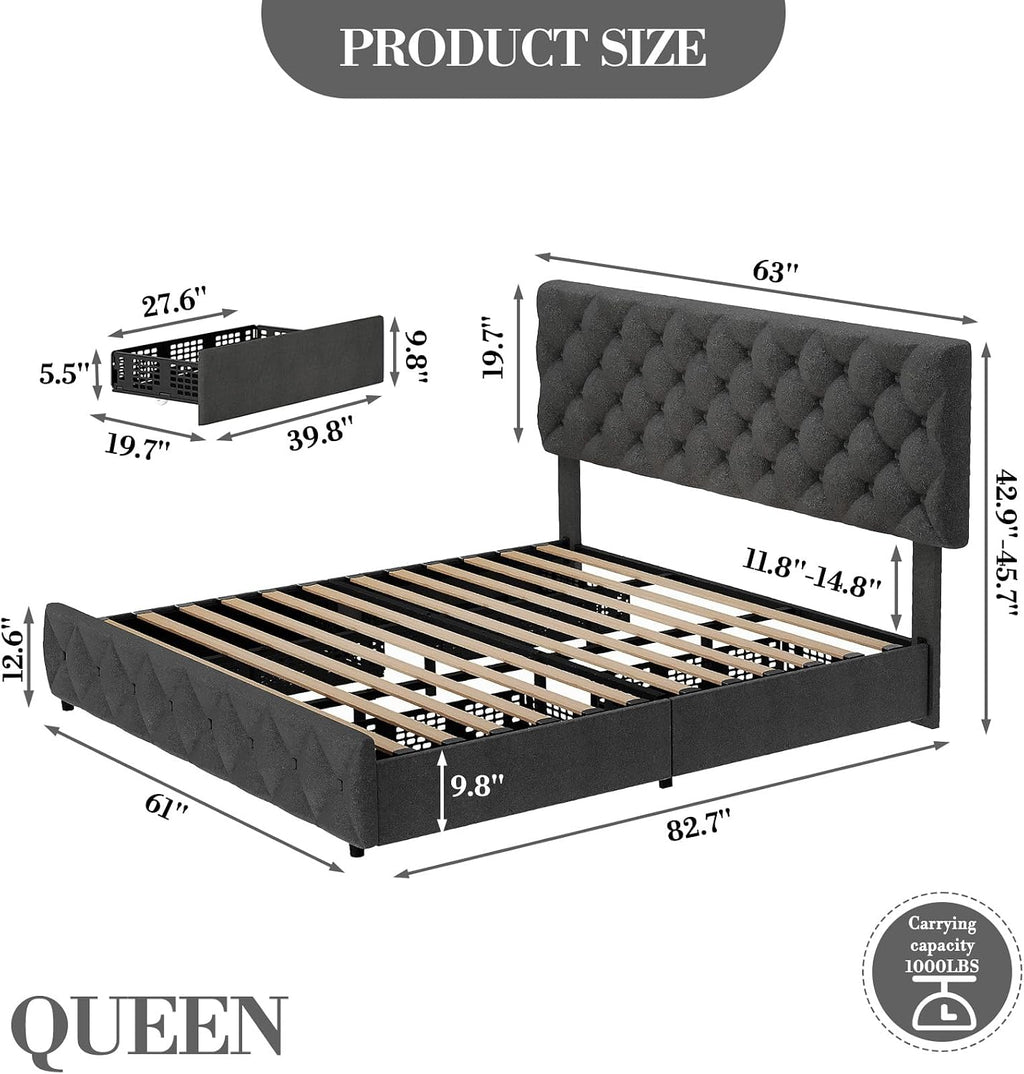 Queen Size Bed Frame with 4 Storage Drawers & Headboard, Linen Upholstered Platform Bed Frame, Stylish Diamond Tufted Design, No Box Spring Needed | Grey