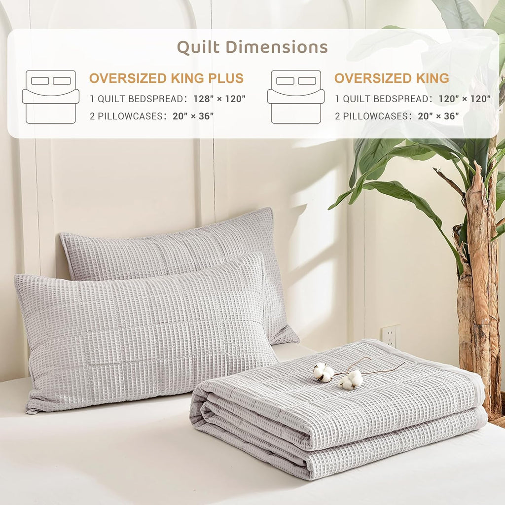Sanracie Oversized King Quilt (120'x120'), Cotton Oatmeal Colored Waffle Quilt Bedding Set Extra Wide Large Luxury Aesthetic Bedspreads Soft Breathable Bedding Coverlet Sets 3 PCS