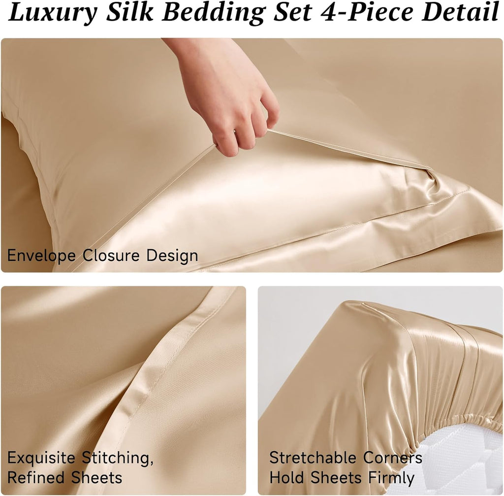 THXSILK Silk Sheet Set 4 Pcs, 25 Momme 100% Top Grade Pure Mulberry Silk Bed Sheets Luxury Bedding Sets Ultra Soft Durable, 1 Fitted Sheet, 1 Flat Sheet and 2 Pillow Shams (Full, Champagne)