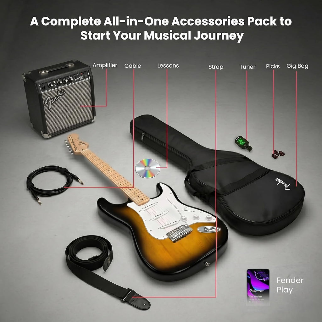 Fender Squier Sonic Stratocaster Pack - 2-Color Sunburst Bundle with Frontman 10G Amplifier, Gig Bag, Tuner, Strap, Instrument Cable, Picks, and Austin Bazaar Instructional DVD