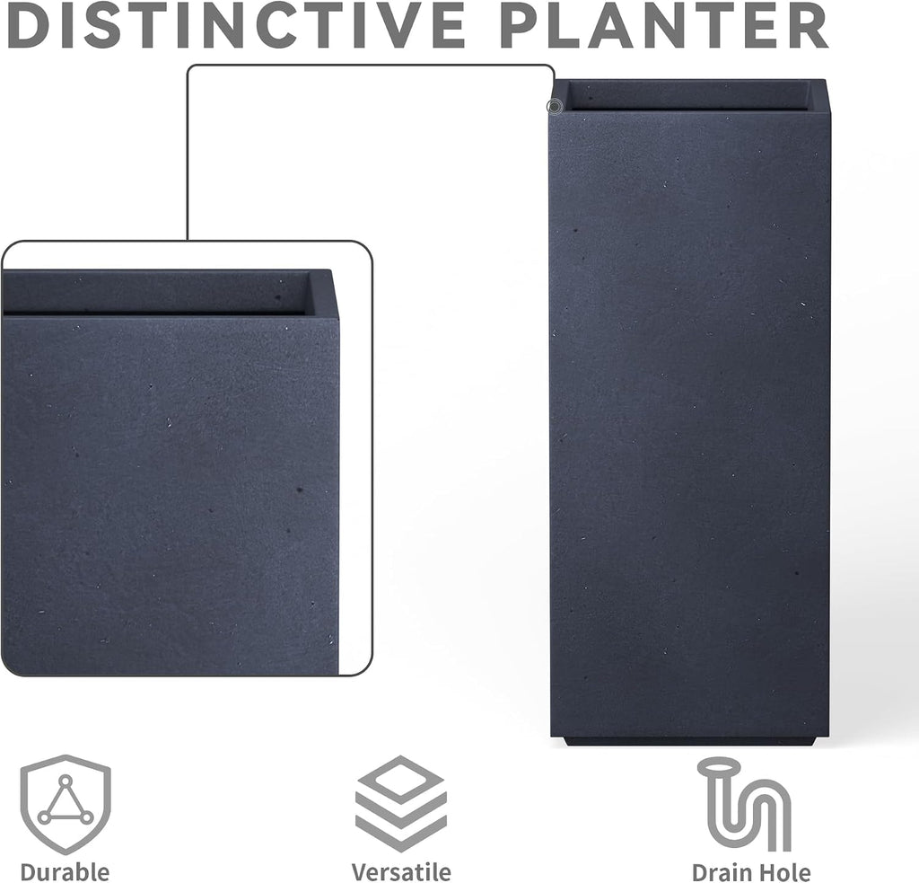 Kante 23.6' H Tall Rectangular Concrete Planter, Modern Square Diameter Plant Pot with Drainage Hole and Rubber Plug for Indoor Outdoor Home Patio Garden, Charcoal