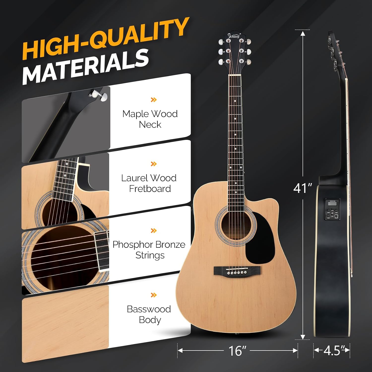 GLARRY Full Size 6 Strings Acoustic Electric Guitar Beginner Kit w/ 15W Amp, Cutaway 41 Inch Electric Acoustic Guitar w/Inbuilt Tuner, Bag, Strap, Picks, Strings, Basswood Guitarra, Matte Natural