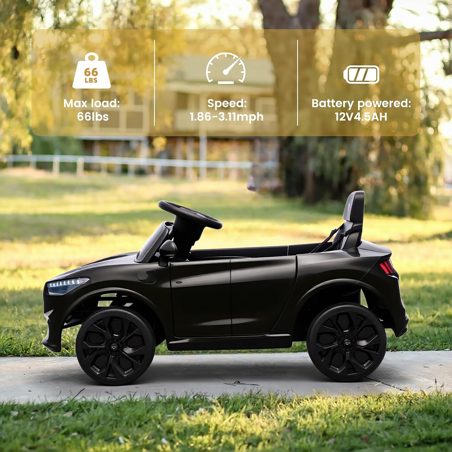 Bobike Electric Ride On Car for Kids, 12V Electric Toddler Car with Remote Control, Ride on Toys for Kids with LED Lights, Music Player, Lockable Doors (Black)