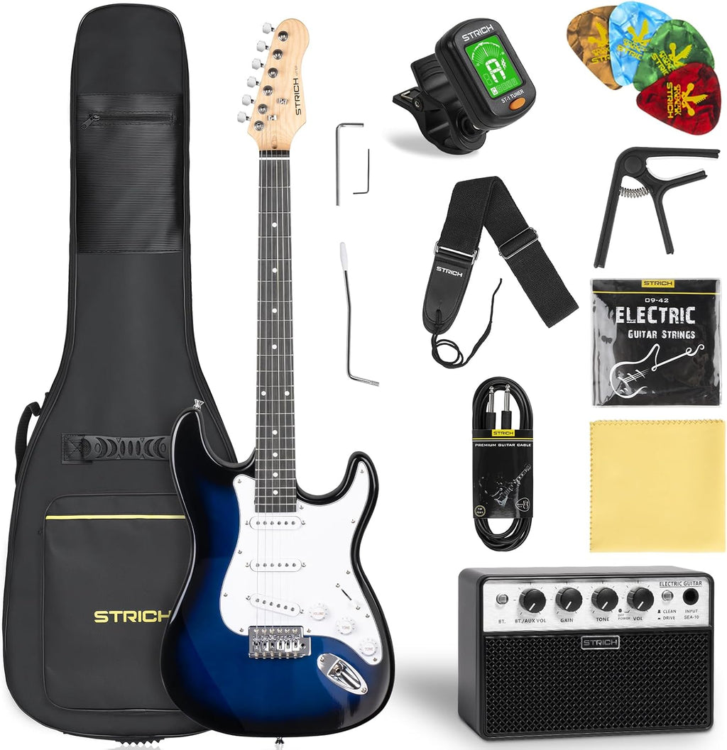 STRICH Electric Guitar Beginner Kit, Solid Body 39' Full Size Electric Guitar SSS Pick Up for Starter,with Bag, Digital Tuner, Capo, Strap, String, Cable, Picks, SST-S10 Midnight Blue Burst