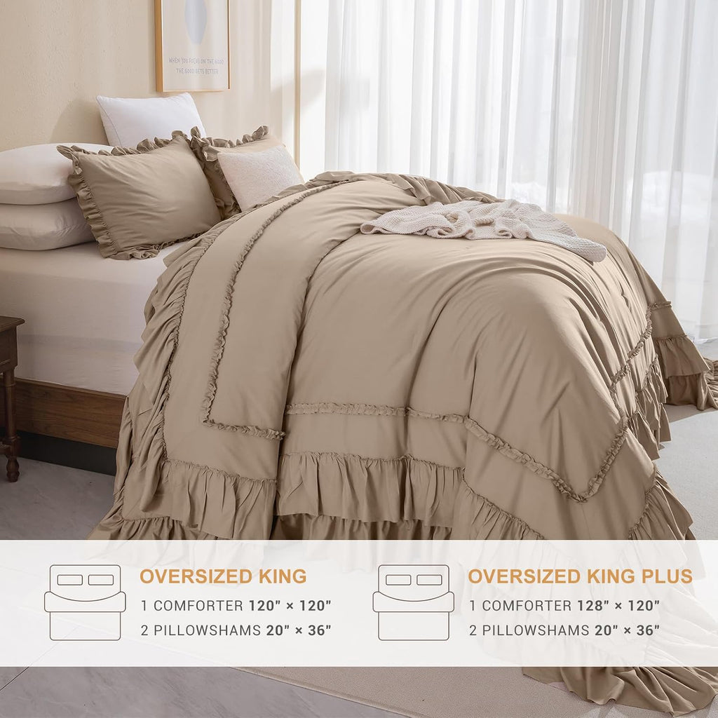 Masaca Oversized King Comforter 120x120,3 Pieces Farmhouse Ruffle Bedding Comforter,Light Taupe Shabby Boho Chic Oversized Comforter King Size,Lightweight Soft Microfiber Cal King Bedding Set