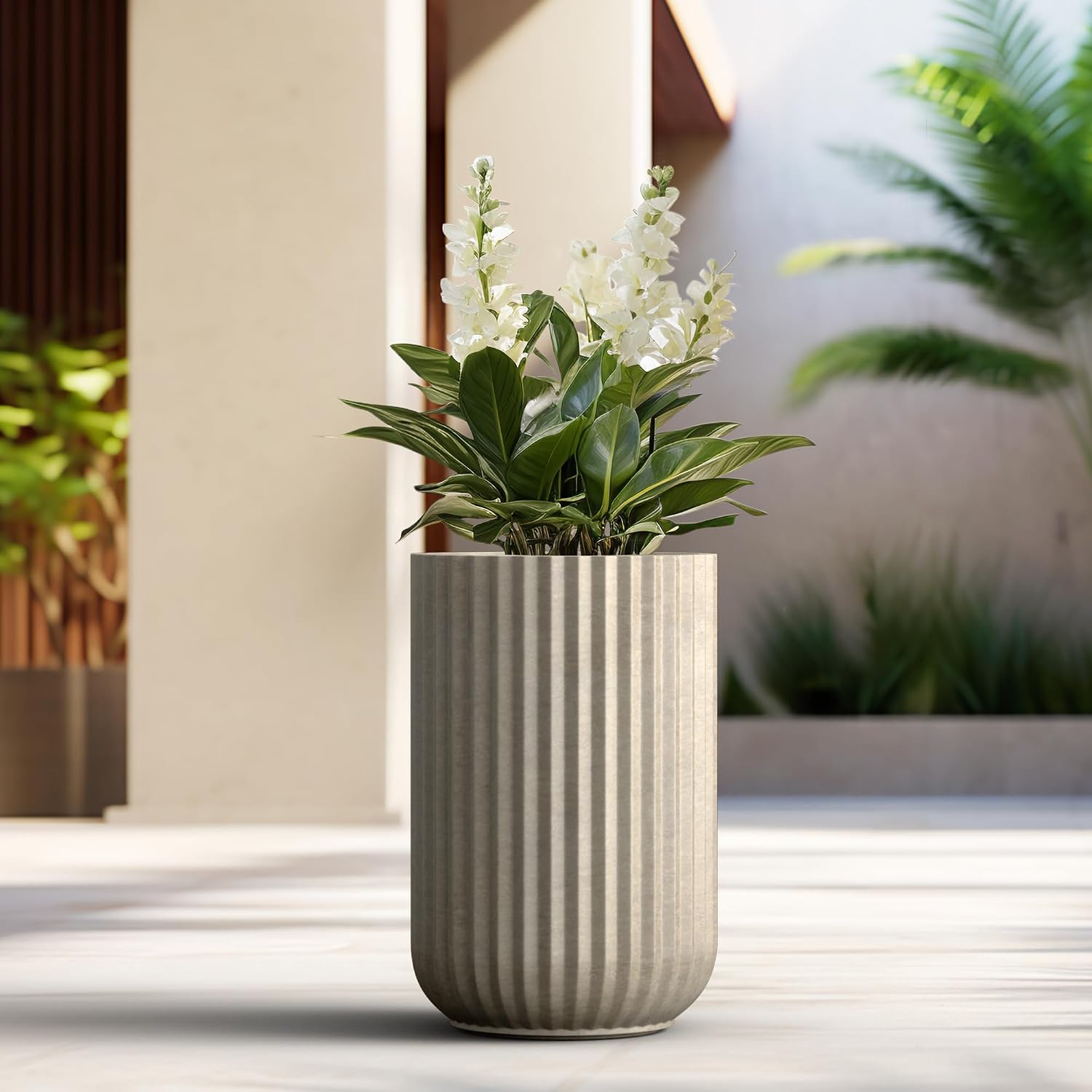 Kante Tall Fulted Planter, 21.7 Inch Tall Round Concrete Plant Pots with Drainage Hole and Rubber Plug, Modern Decor for Indoor Outdoor Plants, Flower, Weathered Concrete