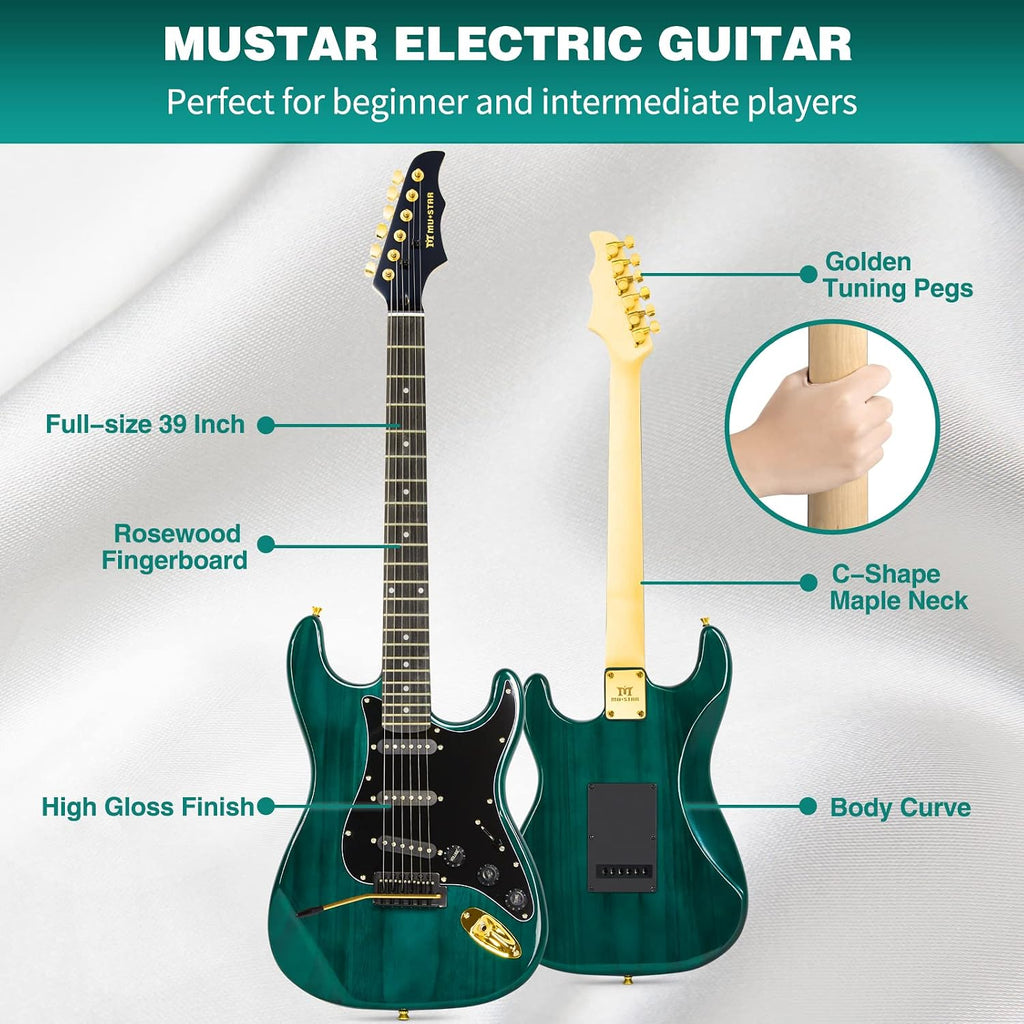 MUSTAR Electric Guitar Kit with 25W Amplifier, 39 Inch Full Size Solid Wood Electric Guitar Beginner Kits, Gig Bag, Digital Tuner, Capo, Strap, Cable, Picks, Birthday Holiday Gifts (Green, MEG-100)