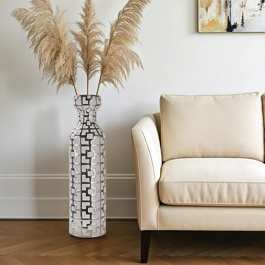 24.4 inch Tall Floor Vases Set of 2. White Vase with Silver Geometric Patterns, Ceramics Modern Flower Vases for Living Room, Entryway, Indoor/Outdoor Decor, Large Vase for Home Decor