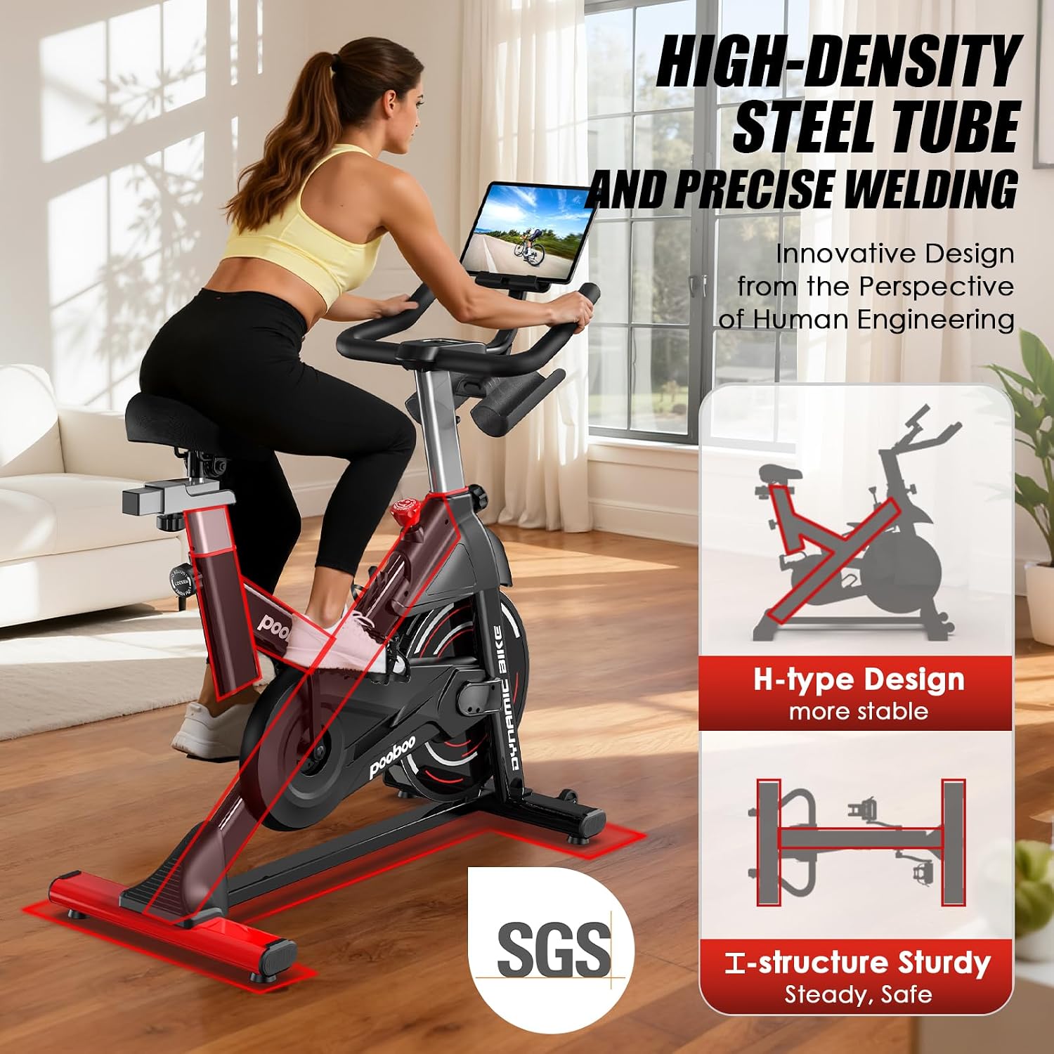 pooboo Exercise Bike,Stationary Bike with Exclusive App for Home,Magnetic Low Noise Indoor Cycling Bike with 350lbs Weight Capacity,Adjustable Seat,Tablet Mount and LCD Display for Weight Loss