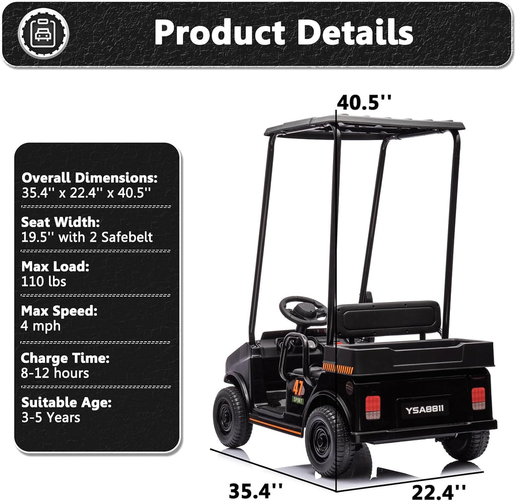 12V 7AH Golf Cart for Kids Boys Girls, Battery Powered Ride on Toys with Parent Remote Control, 2 Seater Ride on Golf Cart with Plastic Roof, Real Pedal, Music Player, Horn (Black)