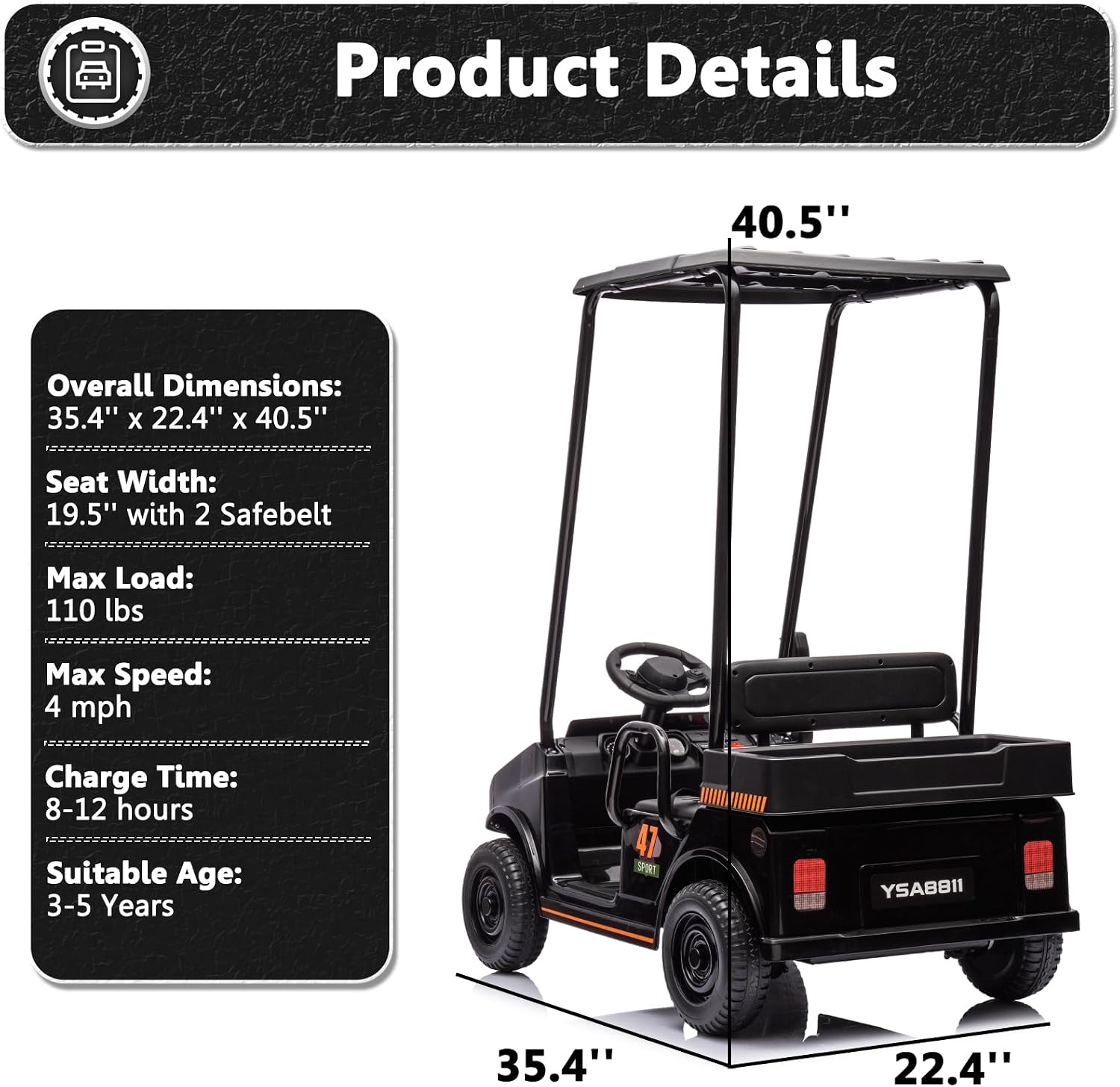 12V 7AH Golf Cart for Kids Boys Girls, Battery Powered Ride on Toys with Parent Remote Control, 2 Seater Ride on Golf Cart with Plastic Roof, Real Pedal, Music Player, Horn (Black)