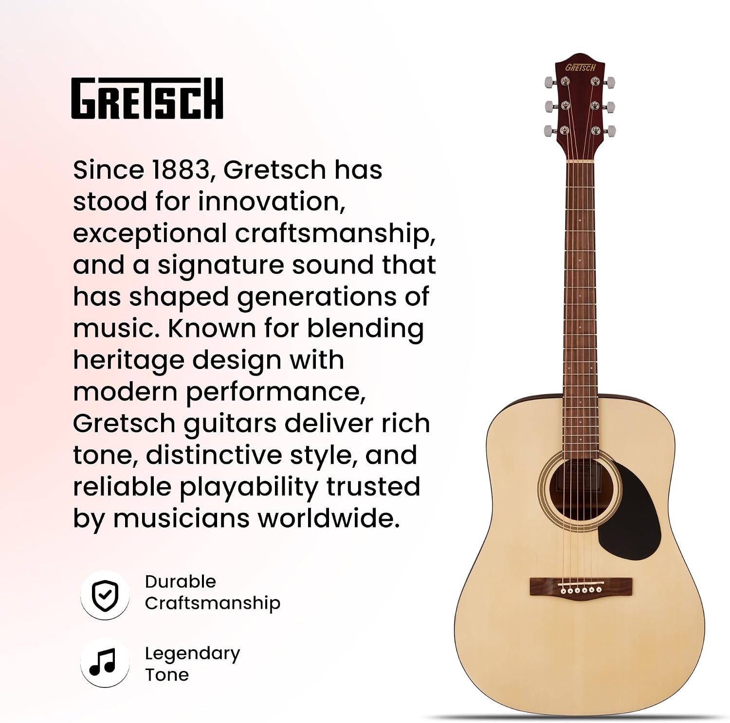 Gretsch Prelude D100 Dreadnought Acoustic Guitar - Natural Bundle with Gig Bag, Strap, Strings, String Winder, Picks, Austin Bazaar Instructional DVD, and Polishing Cloth