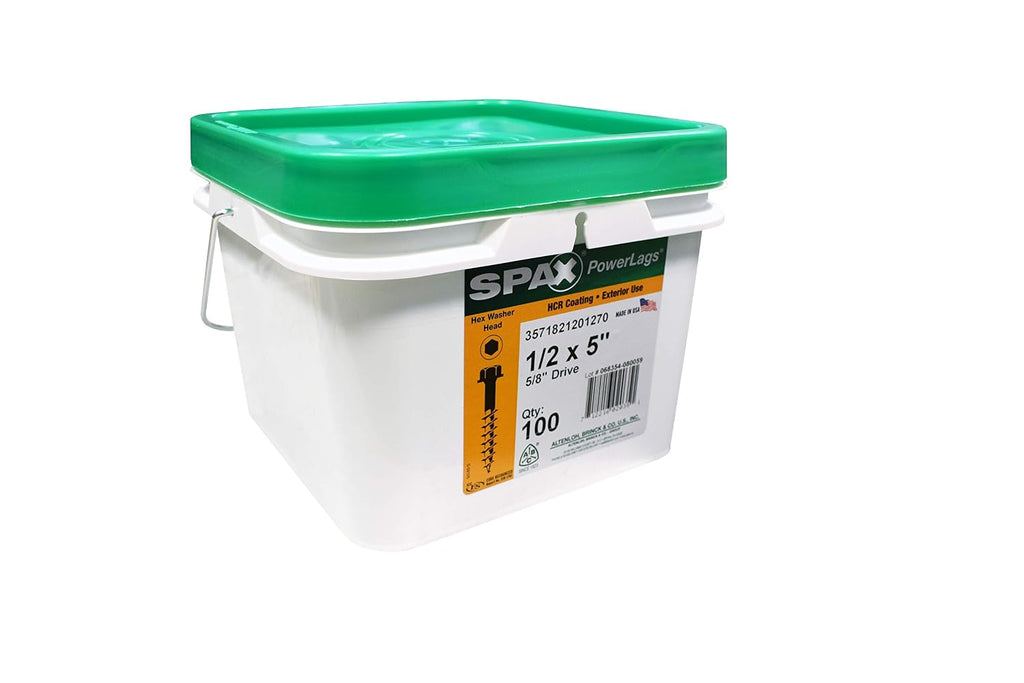 SPAX 1/2' x 5' Exterior Hex Head Structural Wood Lag Screws Powerlags Hex (100 EA) Bulk Pail Bit Included Heavy Duty Rust Resistant