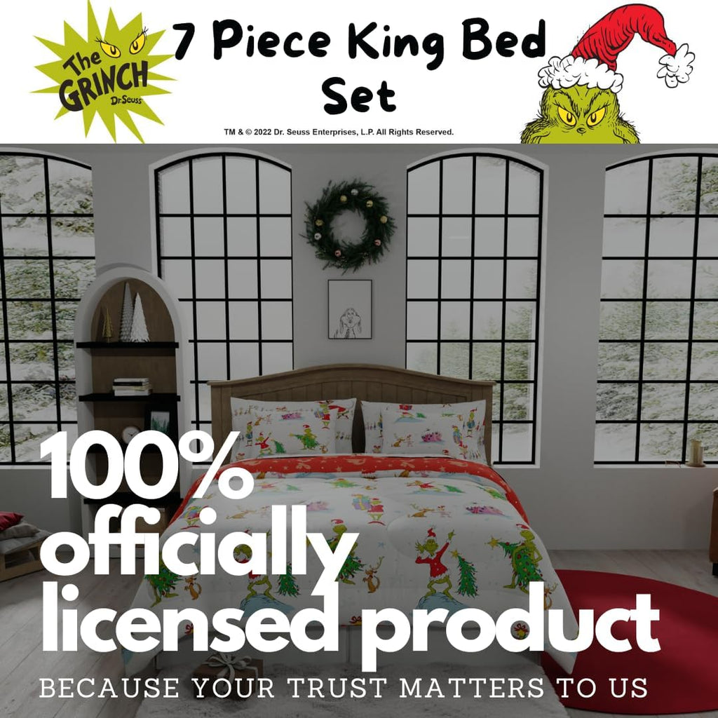 Grinch by Dr. Seuss Holiday & Christmas Bedding Super Soft Comforter and Sheet Set with Sham, 7 Piece King Size (Official Dr. Seuss Product) by Franco