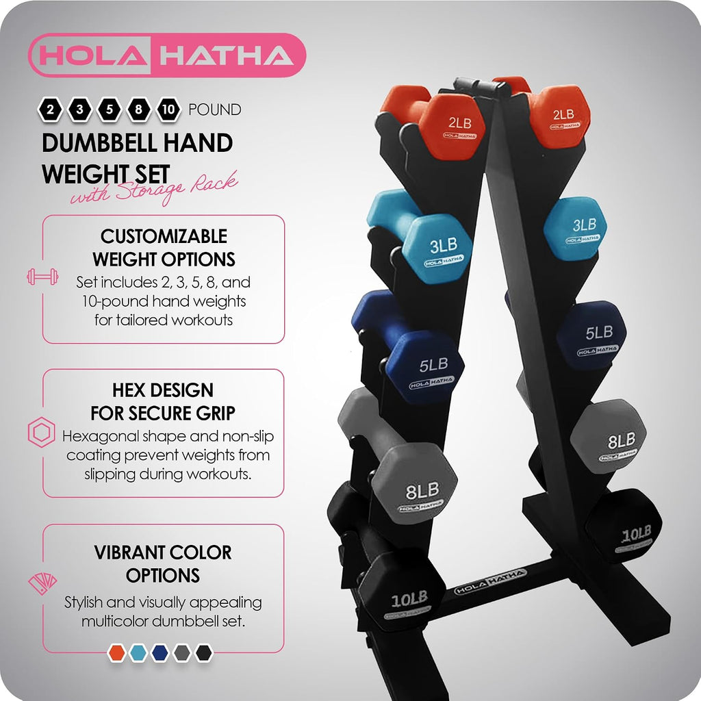 HolaHatha Neoprene Dumbbell Weights Set w/Rack, Home Gym Equipment - Portable Weighted Exercise Dumbbells for Fitness, Training, and Lifting Workouts