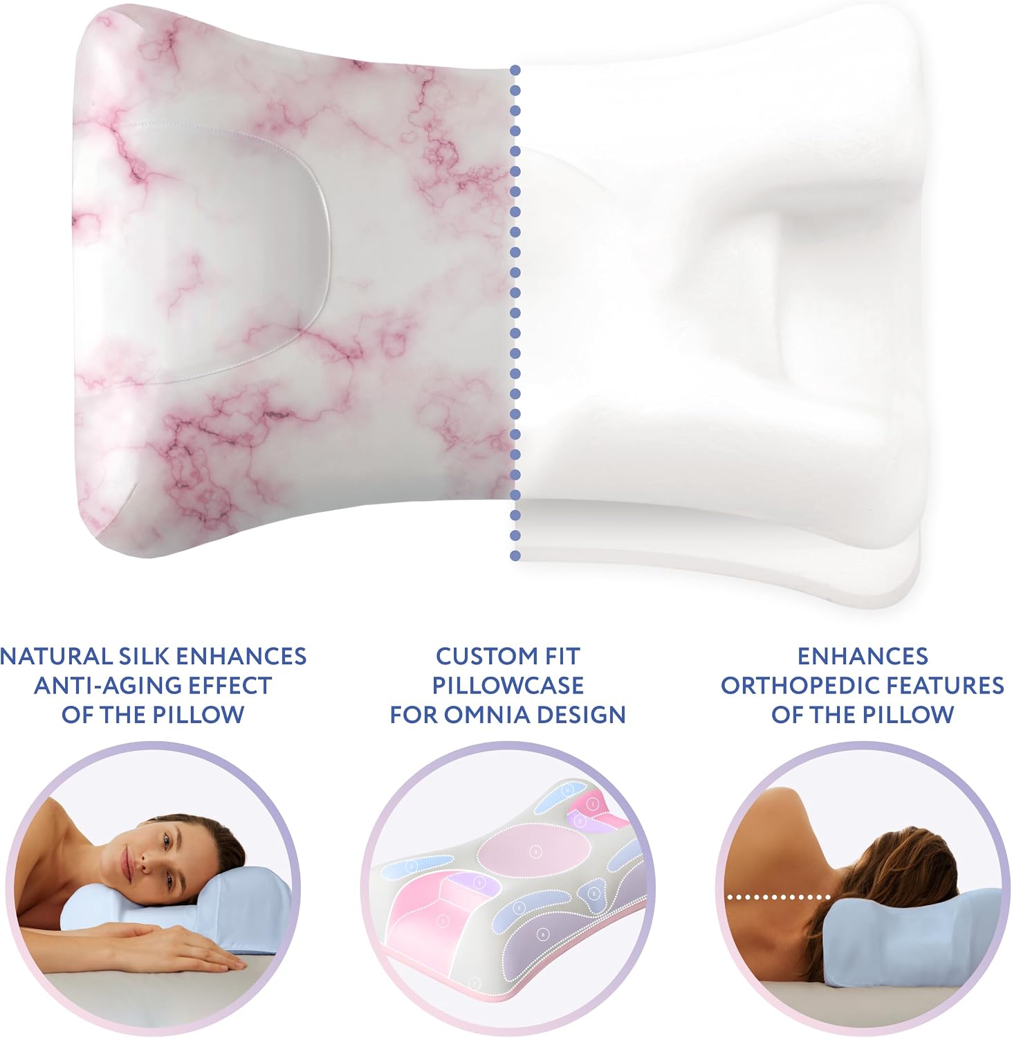 Sleep & Glow Omnia Natural Silk Pillowcase for Hair and Skin Fits Unique Shape of Sleep&Glow Omnia Pillow – 19mm Grade 6A Mulberry Silk (Pink Marble)