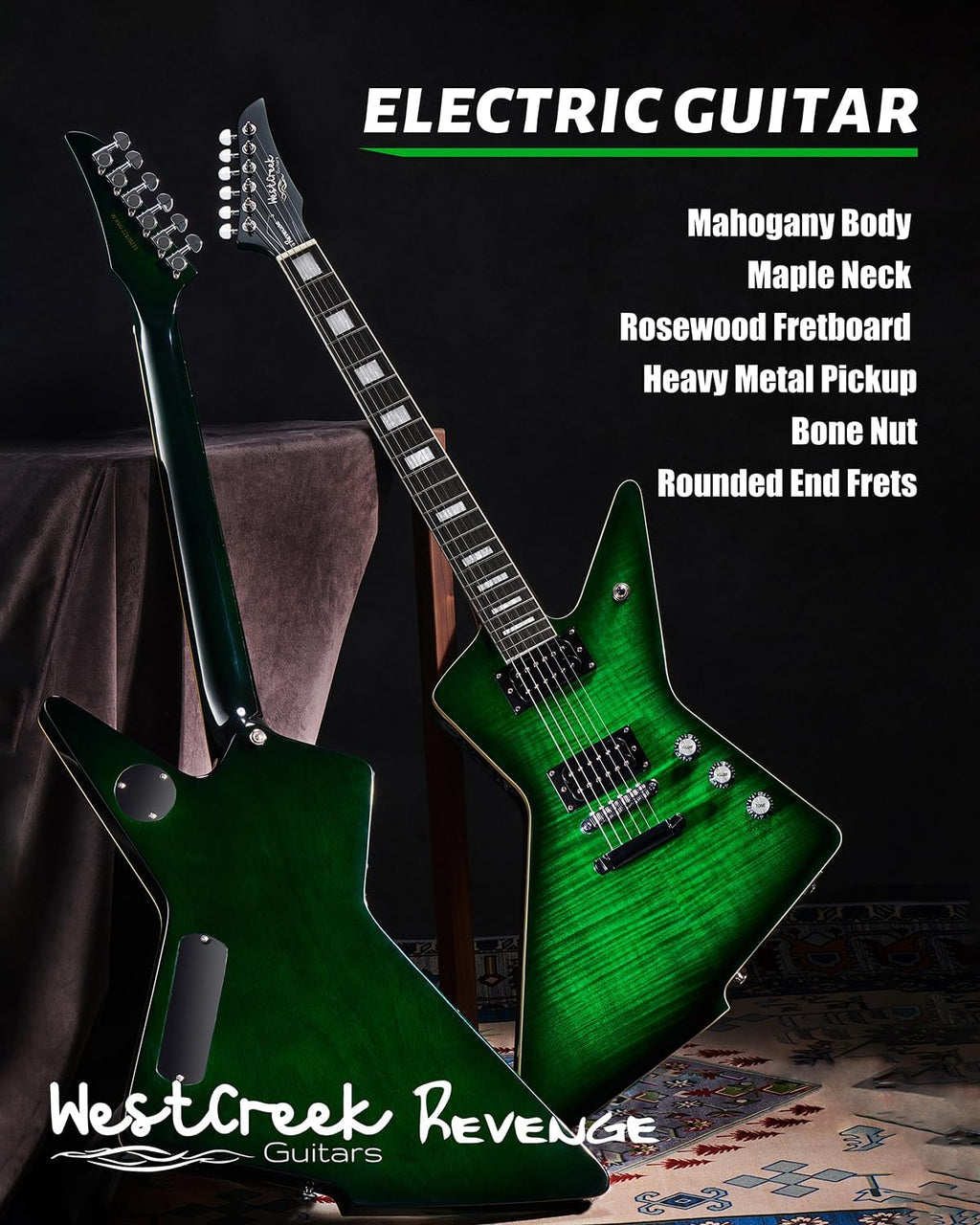 WestCreek Revenge Right Handed Electric Guitar, Heavy Metal Humbucker Pickups, Mahogany Body, Rosewood Fretboard (Green Lizard)