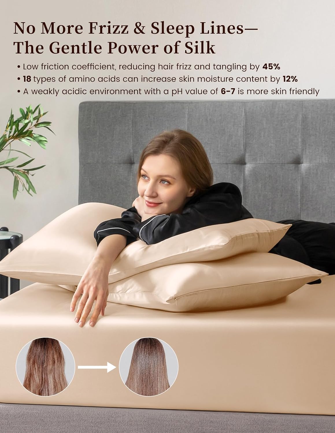 THXSILK 100% Mulberry Silk Bed Sheet Set - 3pcs Pure Silk Sheet Set - 16' Deep Pocket Fitted Sheet, 2 Pack Silk Pillowcase with Zipper Closure - Full Size, Beige