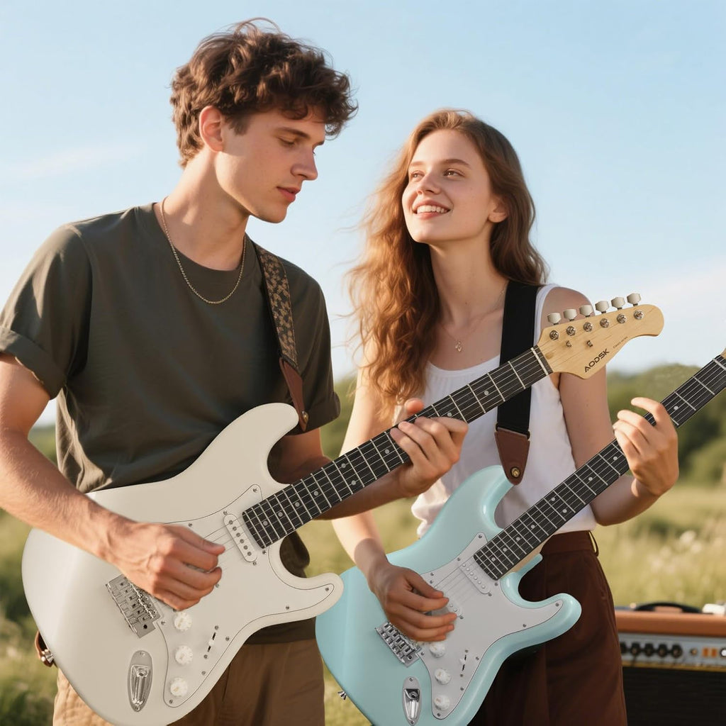 AODSK Electric Guitar with Amp Beginner Kit 39 Inch Solid Body Full Size,All Accessories,Digital Tuner,Six Strings,Four Picks,Tremolo Bar,Strap,Gig Bag,Starter kit (White-HSS)