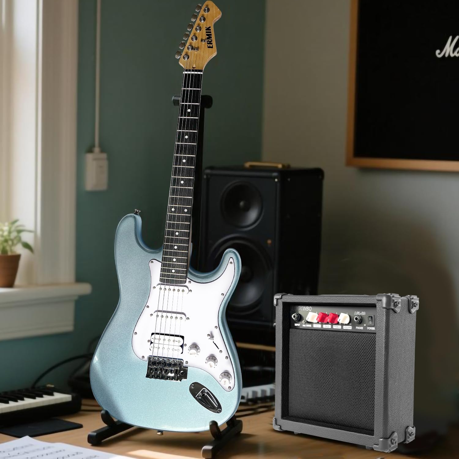 Ermik Solid Body Electric Guitar Kit with Amp 20W, Strings, Strap, Digital Tuner, Picks, Gig Bag, Cable, Tremolo Bar, 39' Full Size Guitar HSS Pickups Guitarra Electrica Beginner Gift