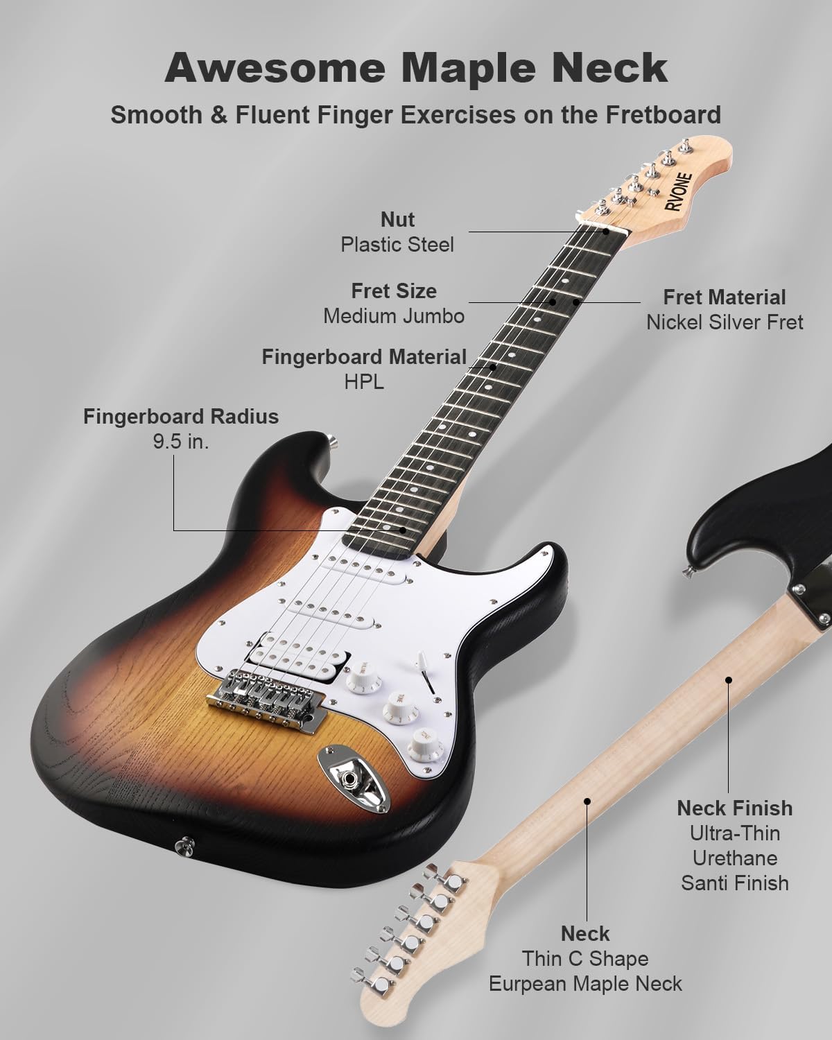 RVONE RST-150 39'Beginner Electric Guitar Kit with Amplifier, Classic HSS Pickup, Electric Guitar with Gig Bag, Capo, Strap, Extra Strings, Digital Tuner, 3 Picks, Cleaning Cloths (Sunburst)