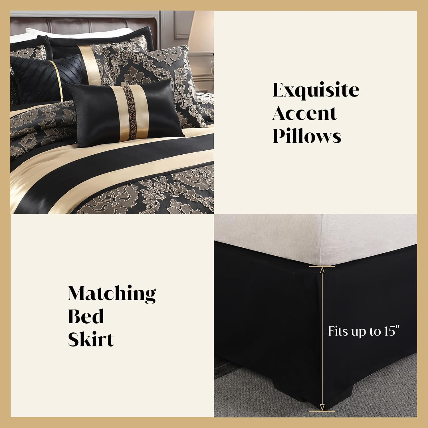 CozyDH Black and Gold Jacquard Comforter Set Queen - 7 Piece Luxury Damask Medallion Patchwork Bed in a Bag, All Season Down Alternative Bedding with Bed Skirt, Shams, Decorative Pillows, 90x90 in
