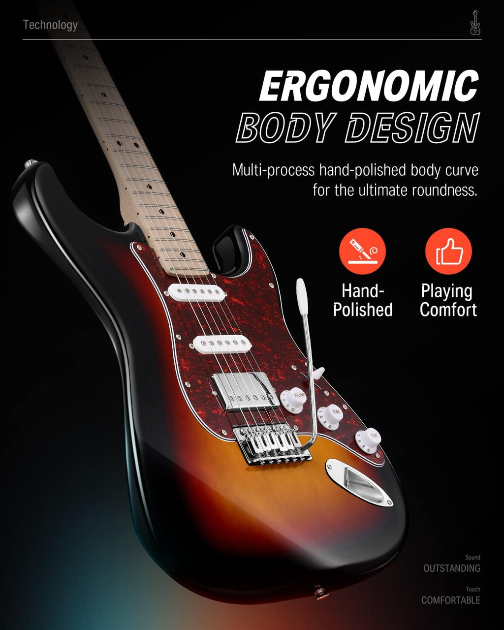 Donner Electric Guitar, DST-152S 39' Beginner Kit with HSS Pickup Coil Split, Solid Body, 10W Amp, Padded Bag, Accessories, Sunburst