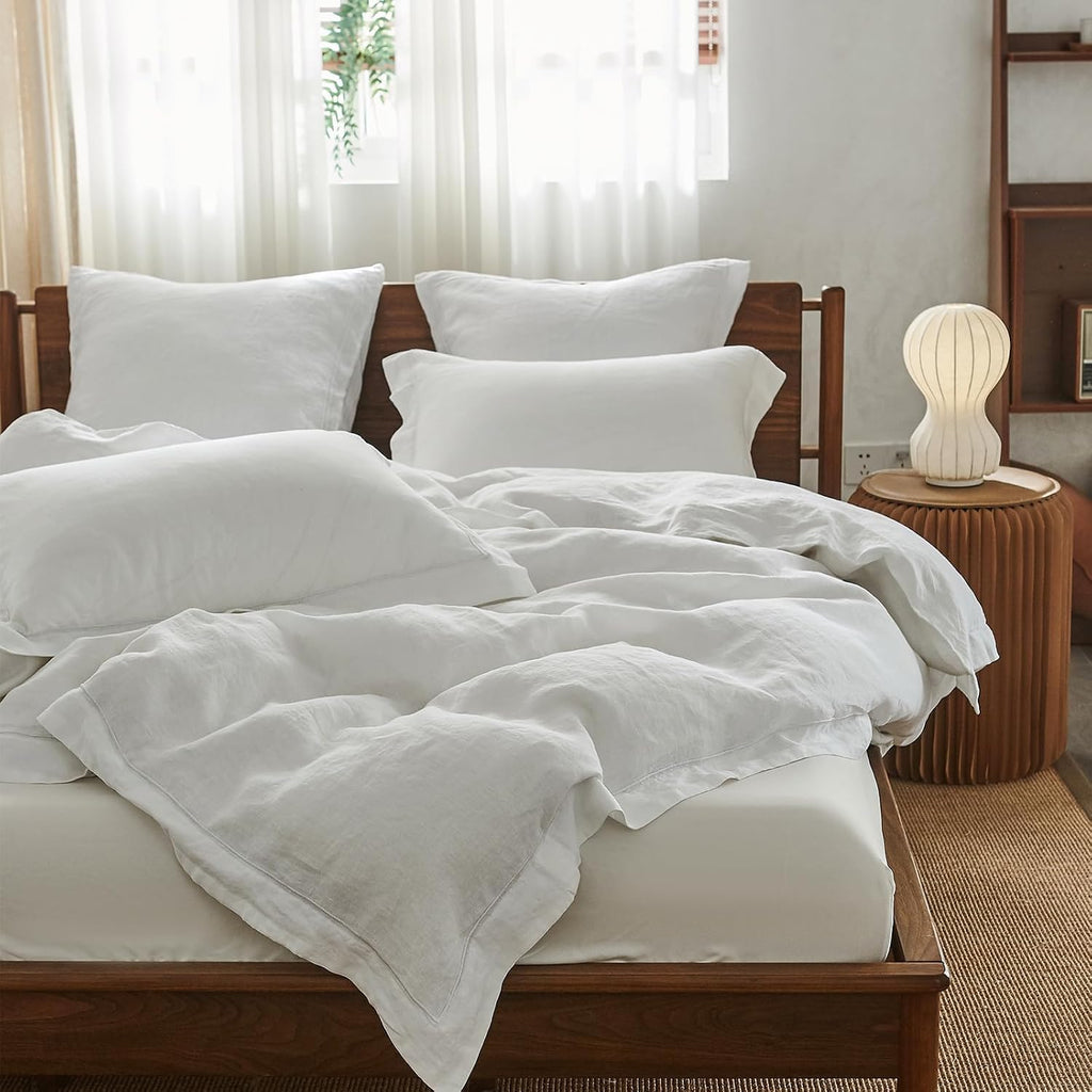 Simple&Opulence 100% Washed Linen Duvet Cover with Embroidered, 3 Pieces Soft Farmhouse Comforter Set with Button Closure,1 Duvet Cover and 2 Pillowshams(Full,White)