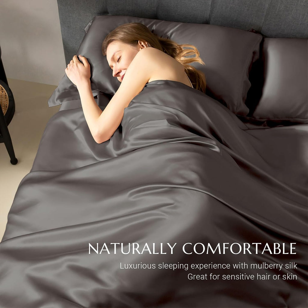THXSILK 100% Silk Sheet Set, 7A+ Silk Sheet Set Soft Breathable, Luxury Bedding (1 Duvet Cover, 1 Fitted Sheet, 2 Pillow Shams), King, Charcoal