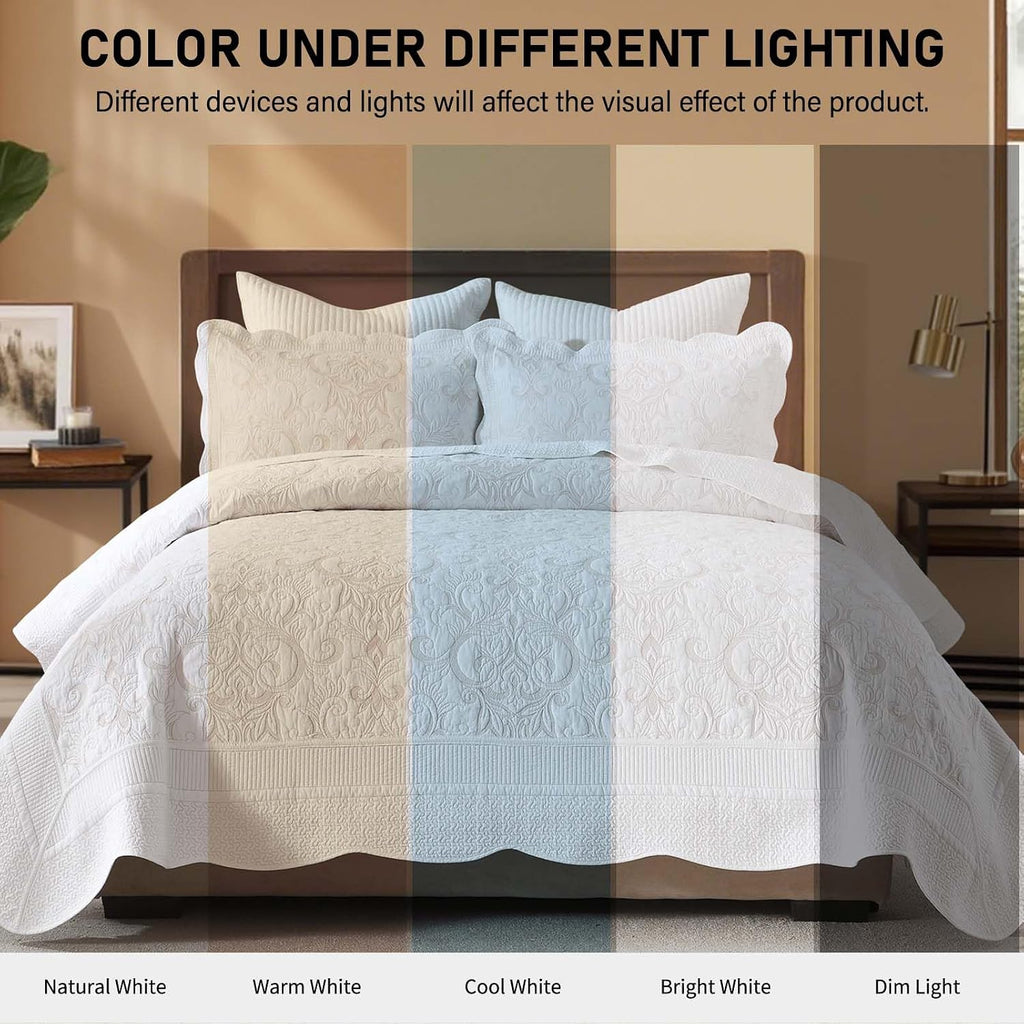 KALOOLA Embroidered Quilts Queen Size - 100% Cotton Lightweight Quilted Bedding Set 3 Pcs, Vintage Damask Pattern Bedspread with 2 Pillow Shams, Reversible Bed Coverlet for All Season, White/Beige