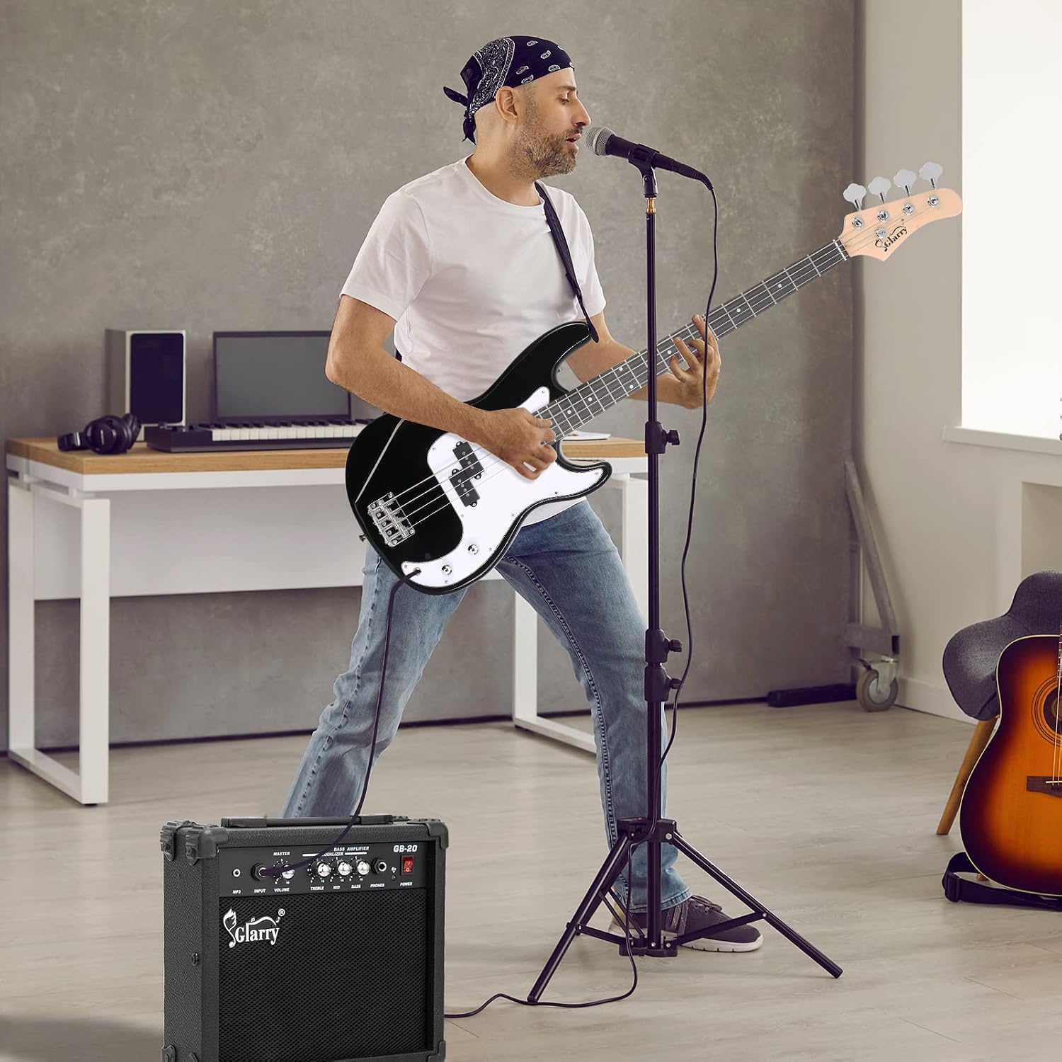 GLARRY Full Size Electric Bass Guitar Beginner Kit 4 String Exquisite Basswood Bass with 20W AMP, Cable, Strap, Bag and Accessories (Black, 39'Right Handed)