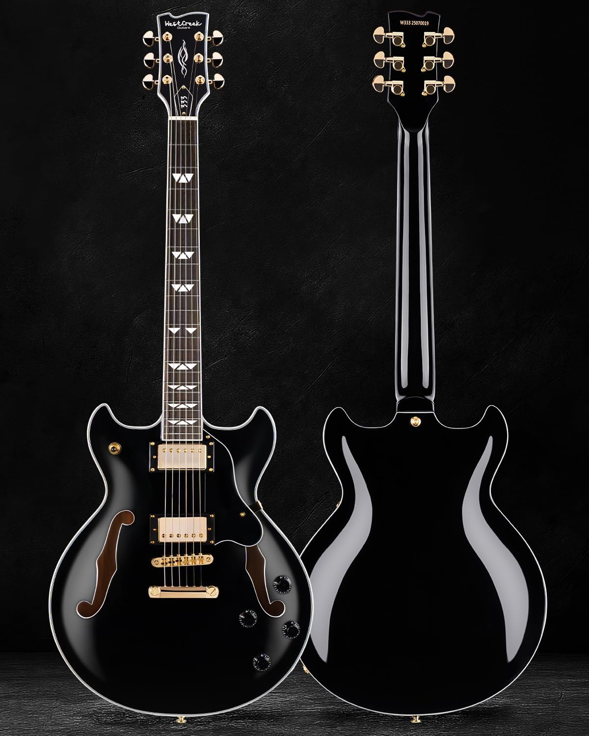 WestCreek 333 Electric Guitar, Semi Hollow Body Jazz Electric Guitar, Alnico Humbucker Pickups, Rosewood Fretboard, Maple Neck, Rounded End Frets, Maple Body, Full size(Void Black)