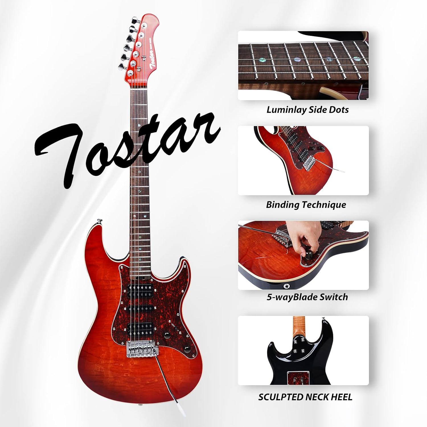 TOSTAR Electric Guitar with HSH Alnico 5 Pickups, Locking Tuners, Push-Pull Coil Split, Enhanced Sustain, Solid Body Electric Guitars for Advanced Players, Guitarra Electrica, Red