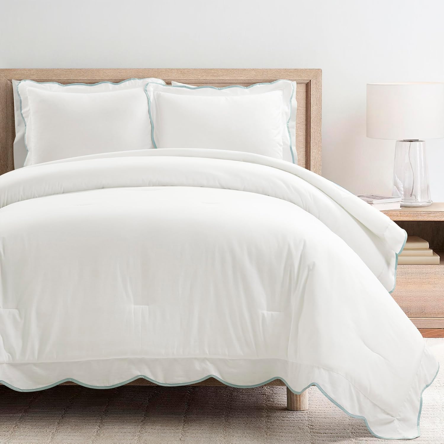 Lush Decor Coastal Chic Scalloped Edge Comforter Set, 3 Piece Set King/California King, Blue & White - King Bedding Set - White Comforter King Size - Coastal Decor