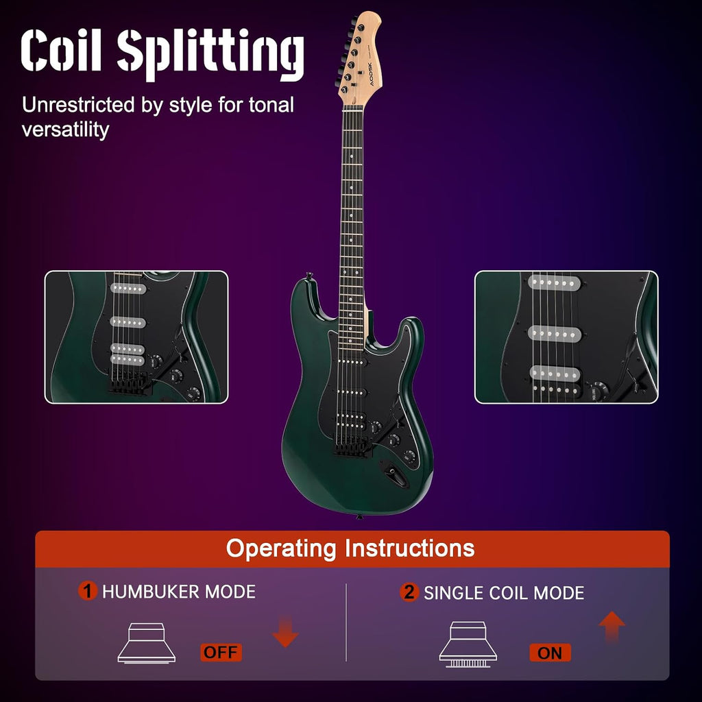 AODSK Electric Guitar, 39' Beginner Electric Guitar Kit, Matte Finish, HSS Pickups, Guitar Starter Kit with AMP, Includes Digital Tuner, Strings, Pick, Vibrato Bar, Capo, Strap, Gig Bag (Green)