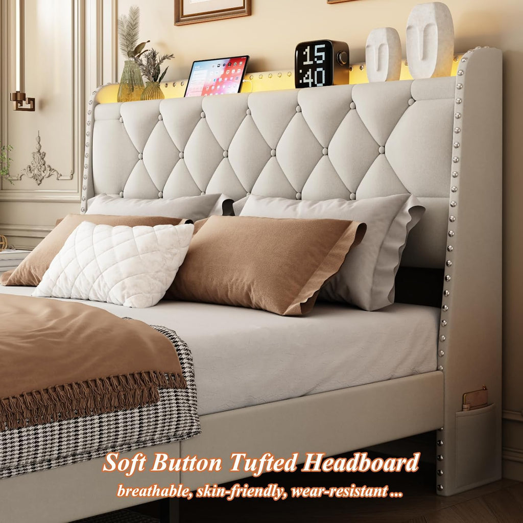 Full Size Bed Frame with Storage Headboard and 2 Drawers, Upholstered Button Tufted Bed Frames Full with Led Lights and Handy Charging Station, No Box Spring Needed, Easy Assembly, Noise Free, Beige