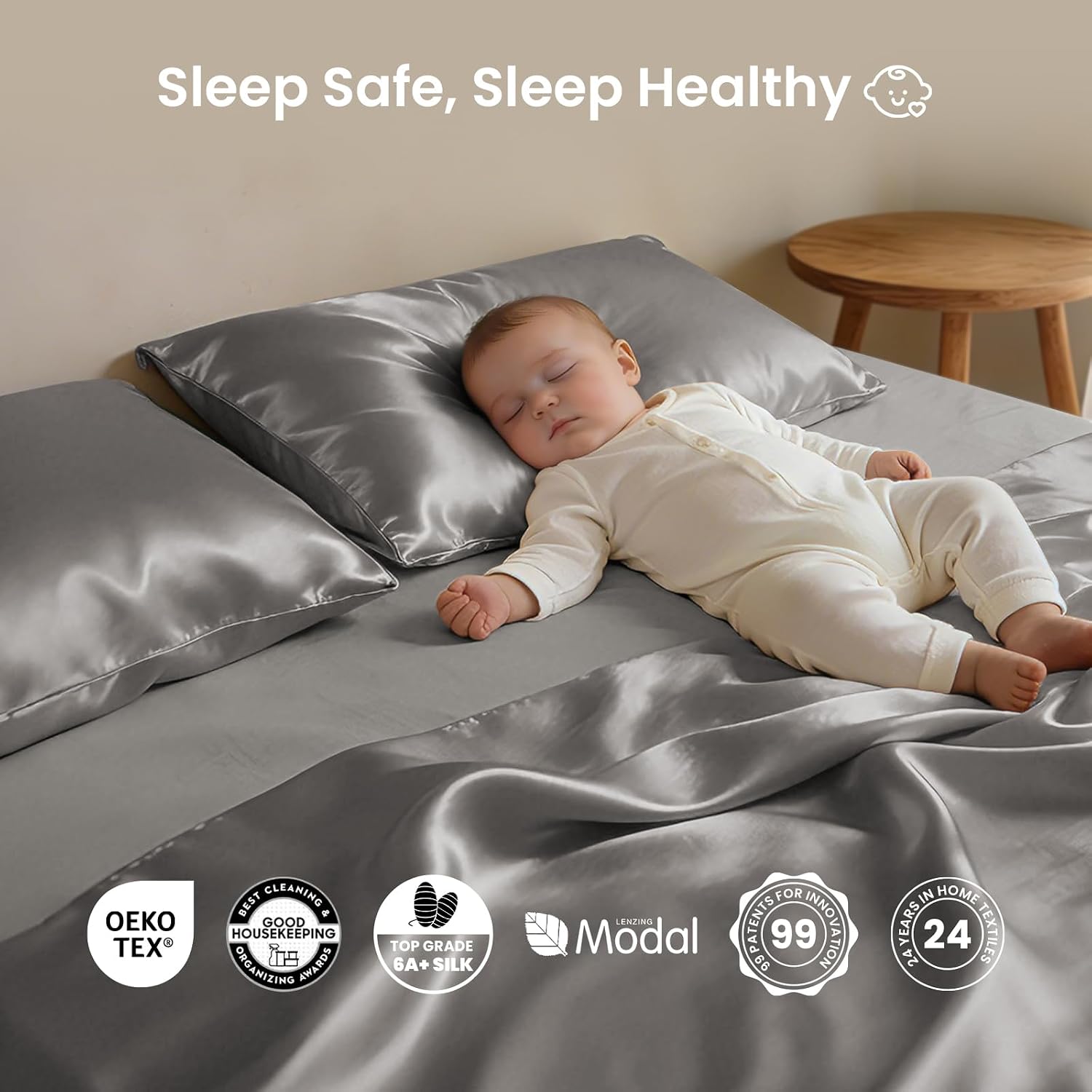 THXSILK Luxury Mulberry Silk Bed Sheets Set - 4pcs Silk Sheets Set 16' Deep Pocket - 1 Fitted Sheet, 1 Flat Sheet, 2 Pillowcases with Zipper Closure - Full, Grey
