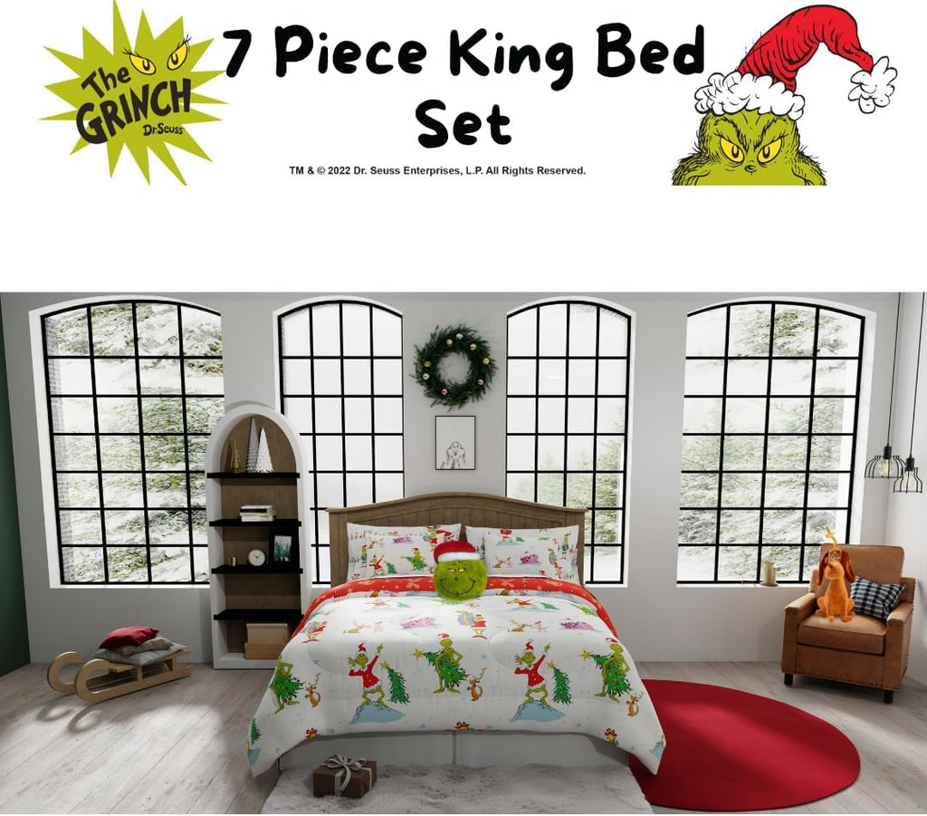 Grinch by Dr. Seuss Holiday & Christmas Bedding Super Soft Comforter and Sheet Set with Sham, 7 Piece King Size (Official Dr. Seuss Product) by Franco
