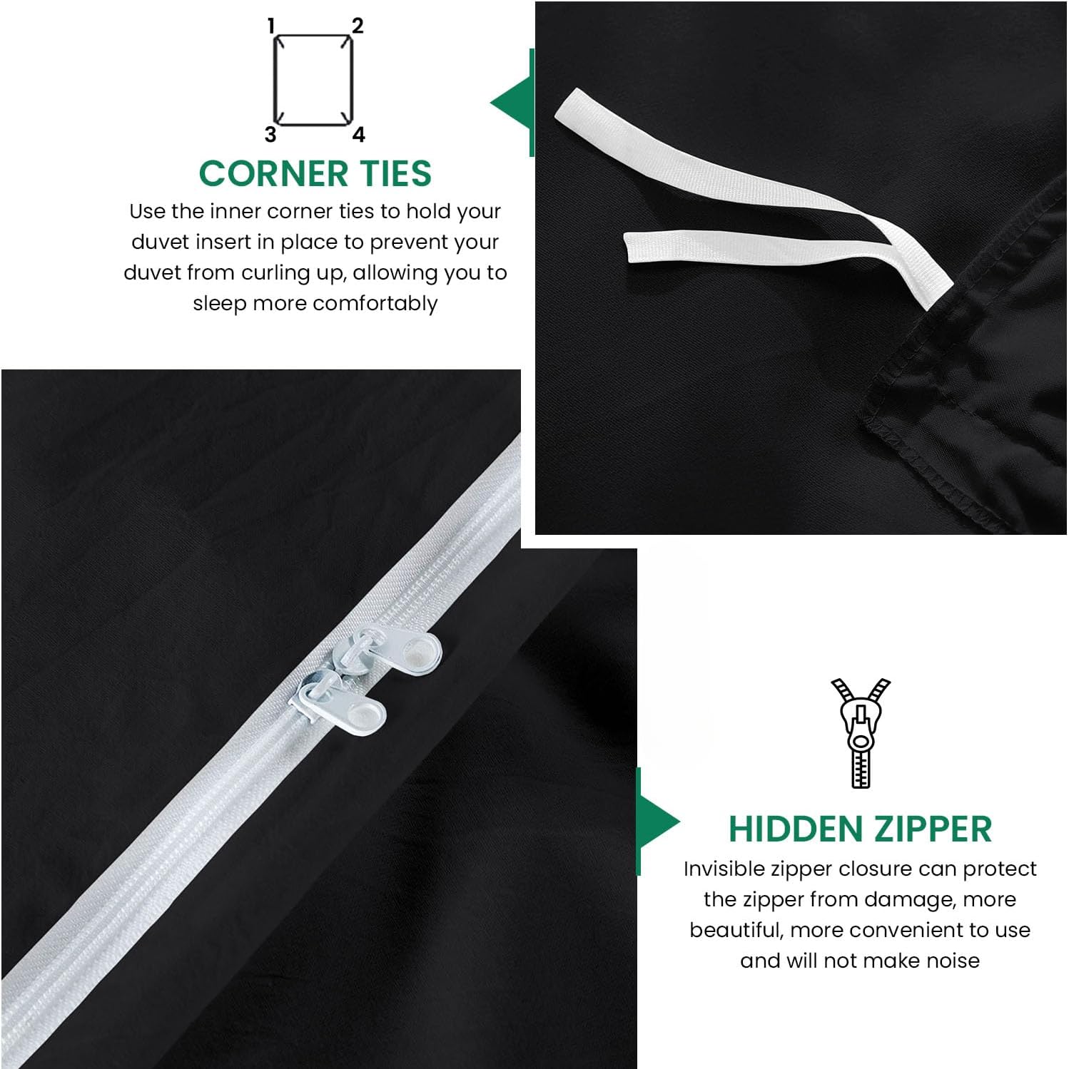800TC 3 Sided Zipper Duvet Cover Set Soft Egyptian Cotton 3 Sided Zipper Closure, 3 PCS 1-Duvet Cover & 2- Pillow Shams - King-XL Size (98' x 116') Inches, (Solid Black)