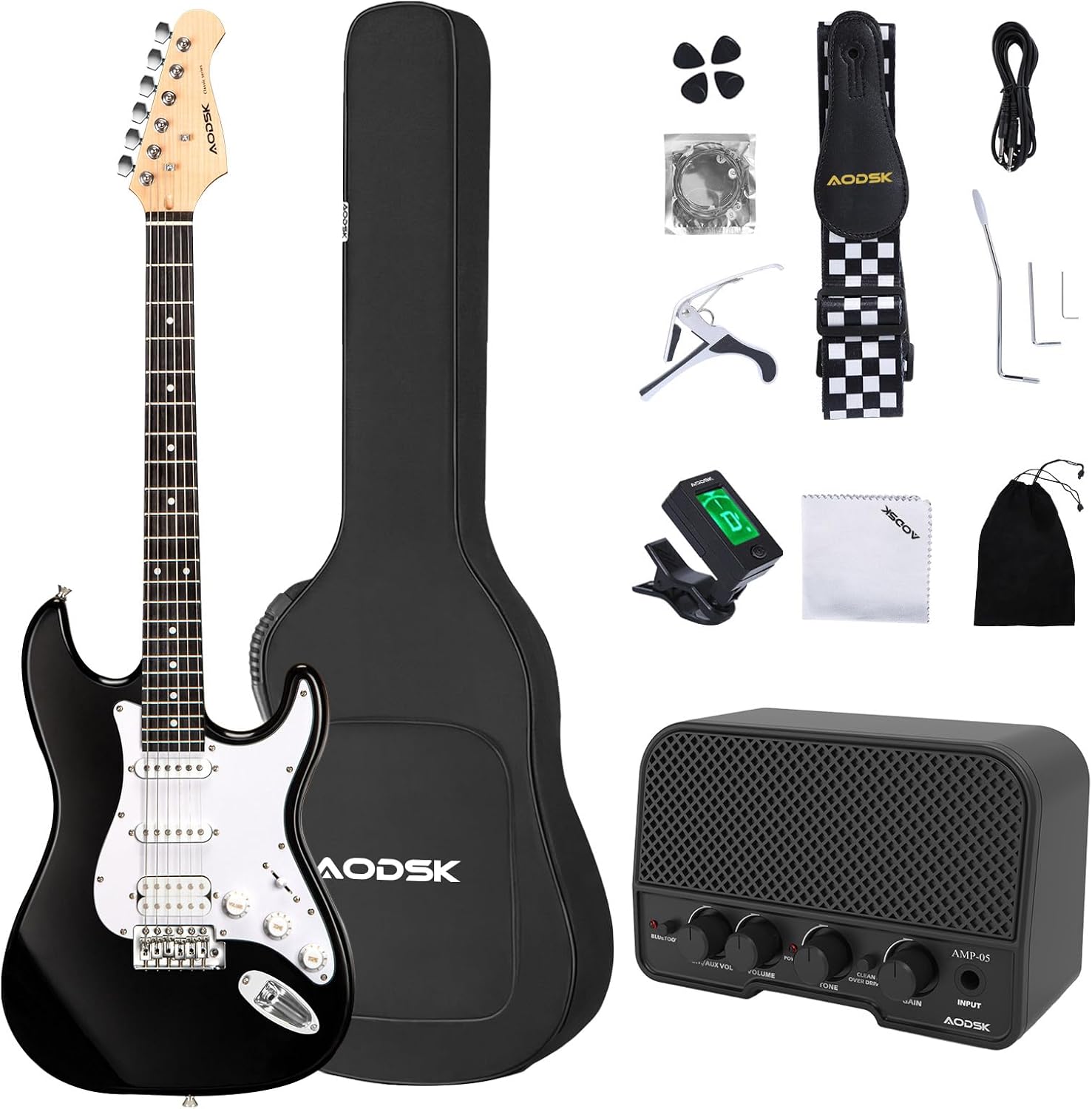 AODSK Electric Guitar with Amp Beginner Kit 39 Inch Solid Body Full Size,All Accessories,Digital Tuner,Six Strings,Four Picks,Tremolo Bar,Strap,Gig Bag,Starter kit (Black-HSS)