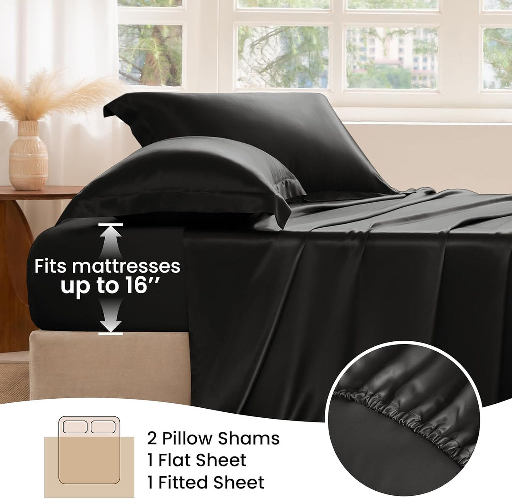 THXSILK Silk Sheet Set 4 Pcs, Full Size Sheet Set, 22 Momme 7A+ Silk Sheets, Soft and Breathable Bed Sheets with 1 Flat Sheet, 1 Fitted Sheet, 2 Pillow Shams, Black