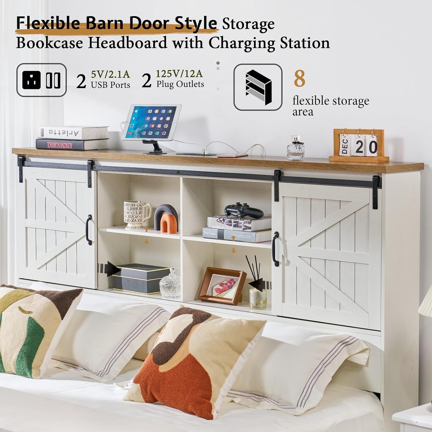 VanAcc Farmhouse King Bed Frame, Wooden Platform Storage Bed with 51.2' Bookcase Headboard, 2 Drawers, Charging Station/No Box Spring Needed/Noise Free, White