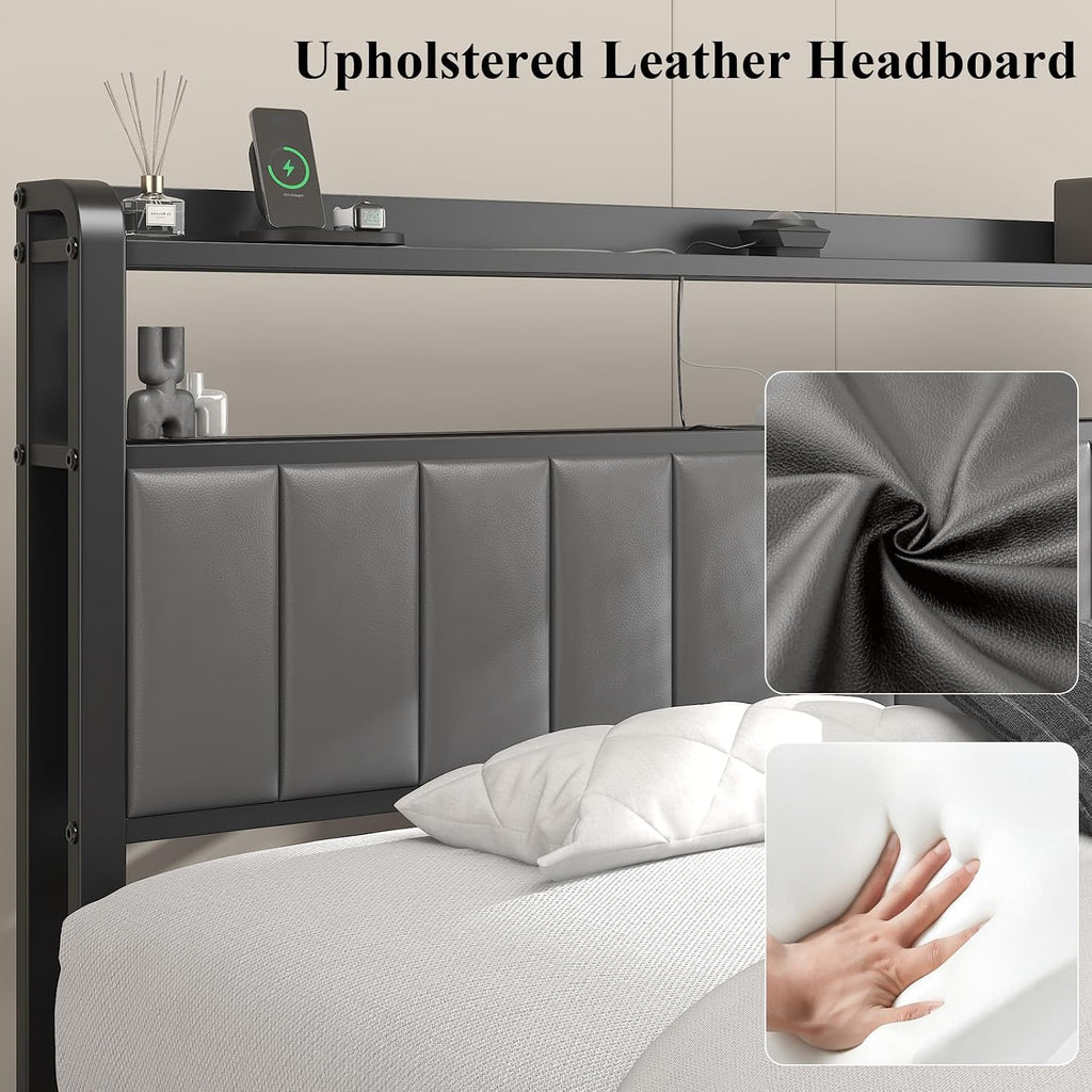 Queen Size Bed Frame with Star Projector & Charging Station, PU Leather Upholstered Platform with 2-Tier Storage Headboard & Storage Ottoman, Metal Support, Noise-Free, No Box Spring Needed, Grey