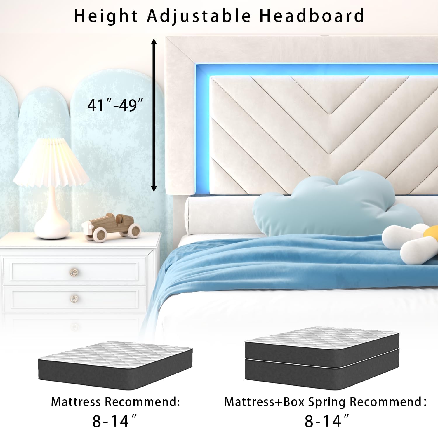 Incyneva Upholstered Twin Bed Frame with LED Headboard and Storage Drawer, Velvet Platform Bed Frame Twin Size with Charging Station, Adjustable Headboard, No Box Spring Needed, Off White